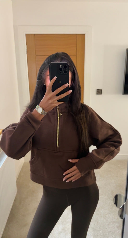 Brown Half Zip Hooded Jumper