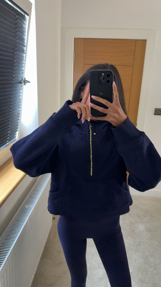 Navy Blue Half Zip Hooded Jumper